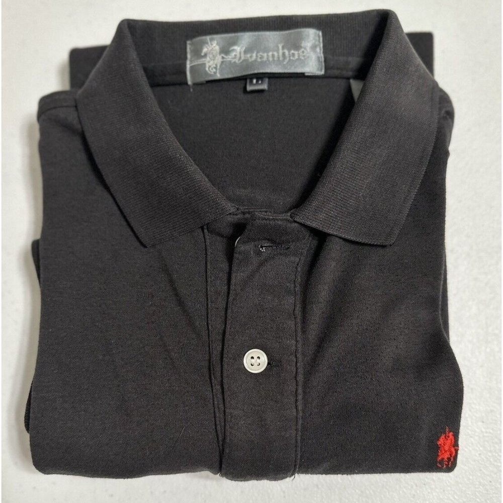 Ivanhoe Vintage Short Sleeve Polo‎ Shirt Solid Black Embroidered Red Logo L
